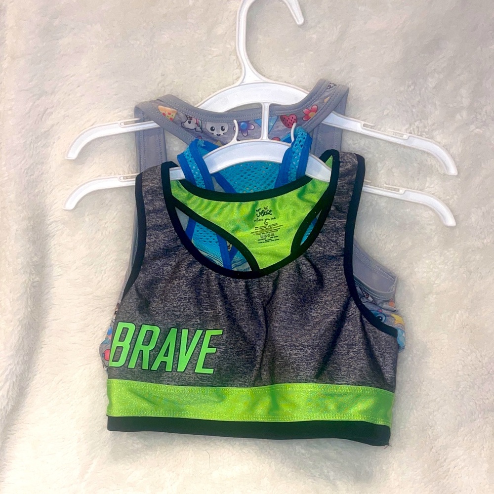 Justice Girls sports bras. 3 bras (1 unbranded). Green, gray, emojis Size L girl